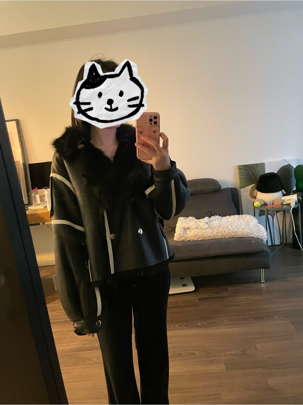 Custom-made black sheepskin shearling jacket.